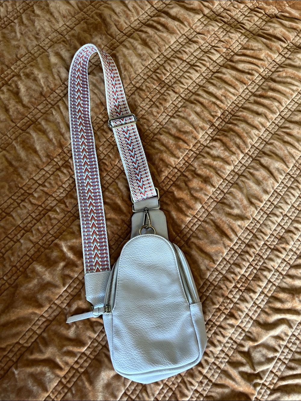 Anthropologie Cream Textured Crossbody Sling with Patterned Strap